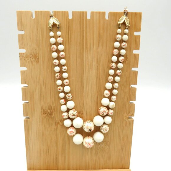 Vintage Necklace Double Strand 13" Cream Gold Speckled Graduated Beads Japan - Picture 7 of 9